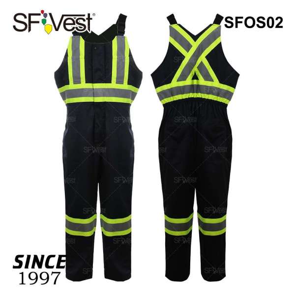 CSA Z96 Polyester/cotton High Visibility Reflective Protective Black Design Men Work Workwear Safety Bib Overalls