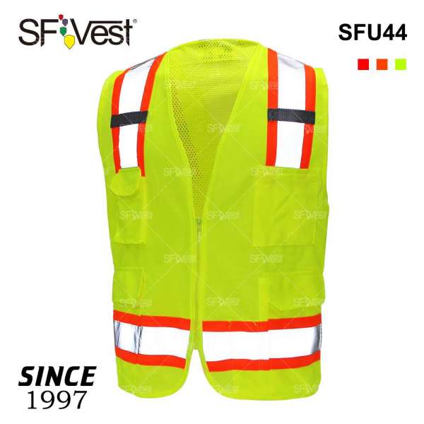 Multi Pockets 100% Polyester Safety Clothing for Man Traffic Roadway Reflective Fluorescent Vest